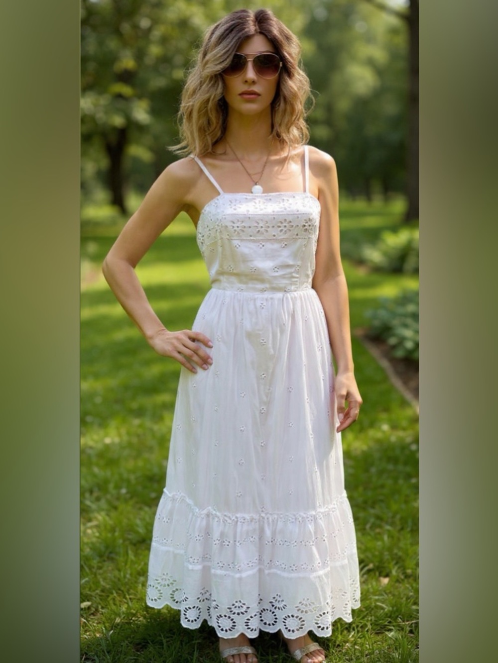 Japna Vintage Cotton White Eyelet Maxi Summer Dress With Spaghetti Straps Size L